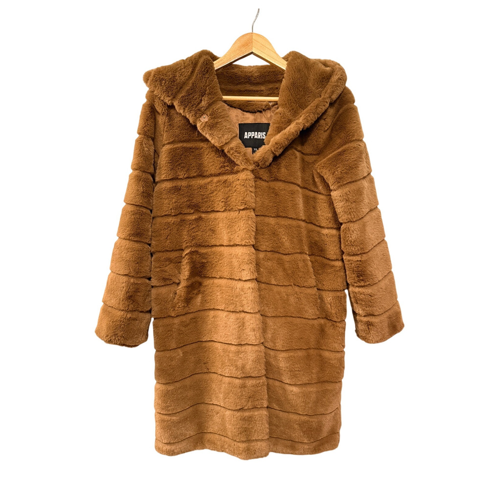 Anthropologie Apparis XS Faux Fur Celina Jacket $360 Hooded Long Mink Coat Camel - Picture 2 of 15
